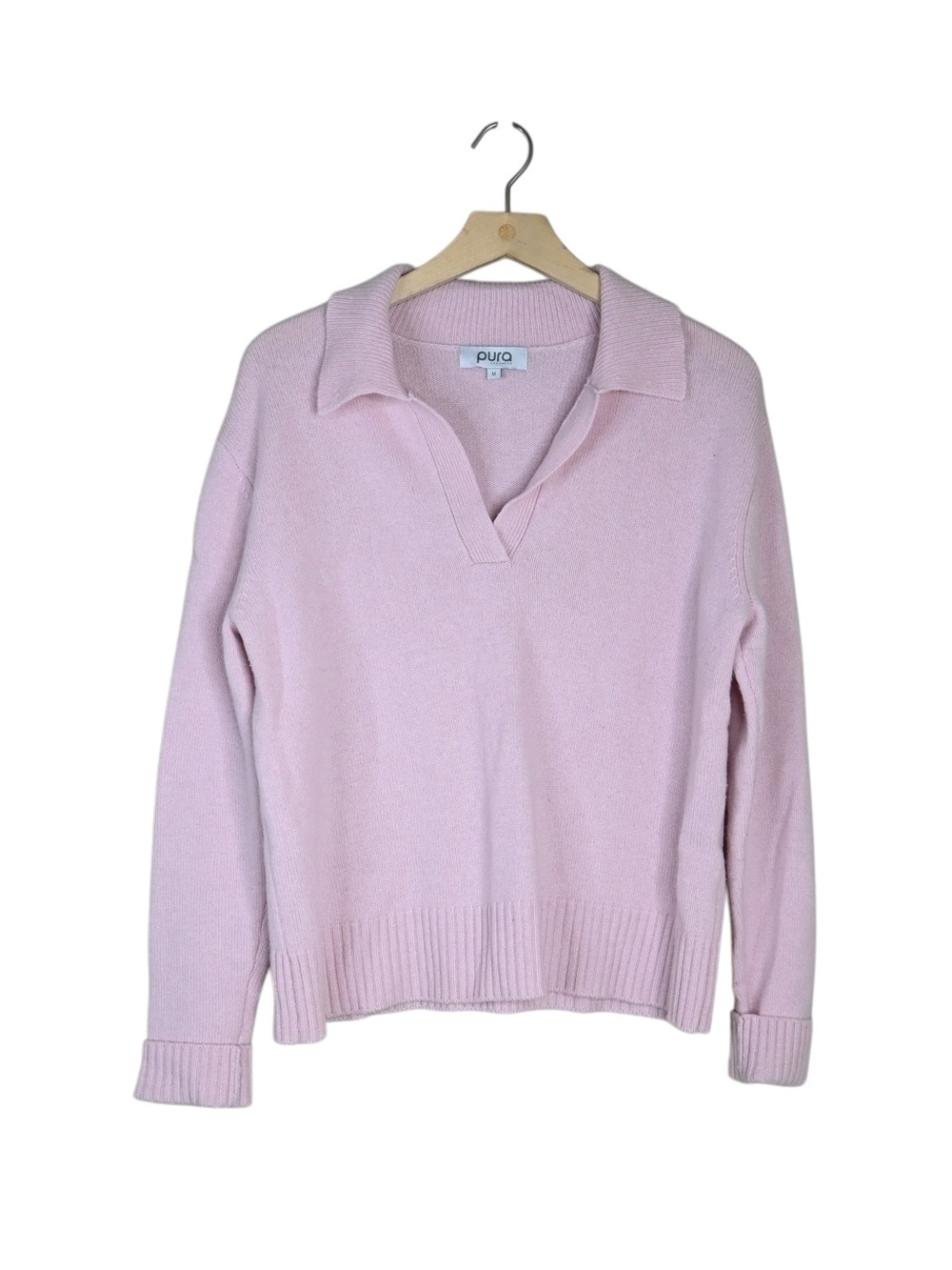 Pura Cashmere Women's M Collared V-Neckline Blush Pink 100% Cashmere Sweater